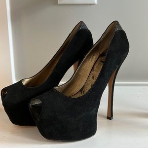 Black suede peep toe heels